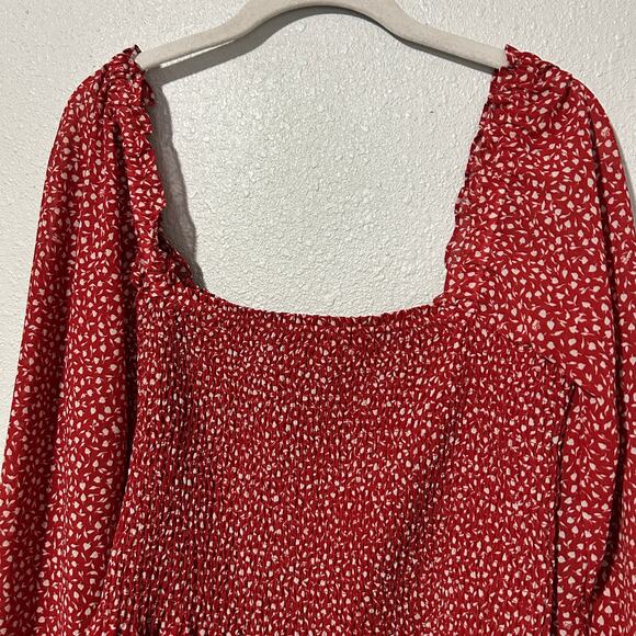 Madewell Lucie Smocked Peplum Top Red Floral Size 6 Square Neck Balloon Sleeve - Picture 3 of 9